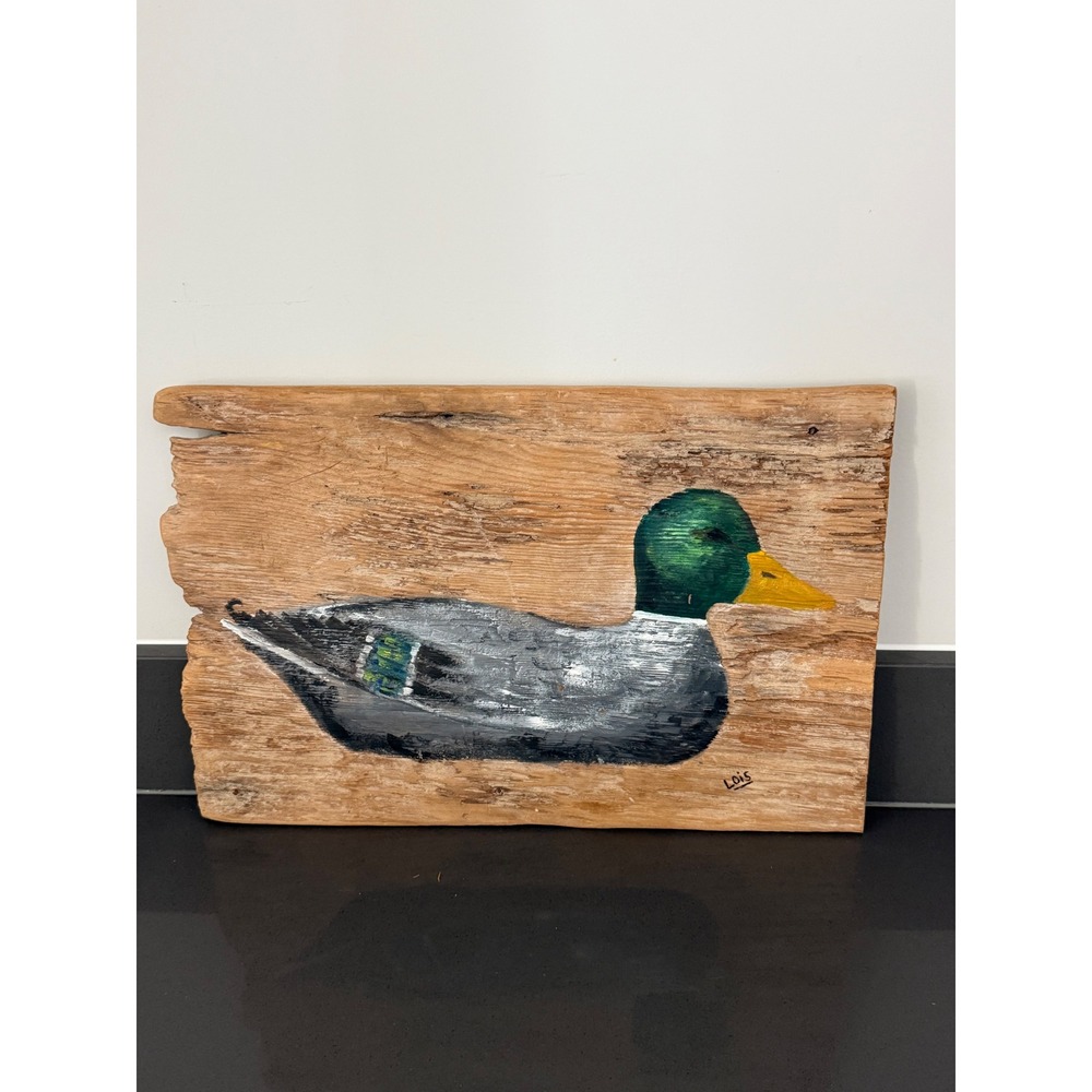 Vtg Lois Signed Hand Painted Mallard Duck Rustic Reclaimed Wood Plank Wall Art